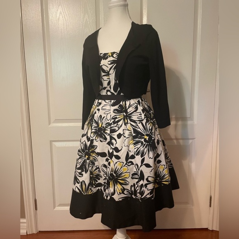 Laura Petites Floral Dress with Black Cardigan Summer Midi Flowers Yellow 10P